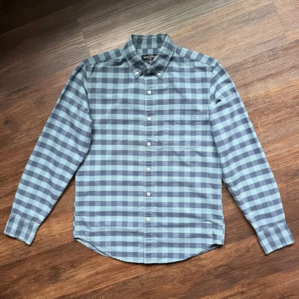 J Crew Mens S Mercantile Flex Blue Plaid Button Up Collared Shirt Long Sleeve